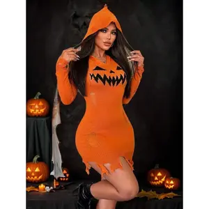 NewHalloweenPumpkinTeethGraphicOrangeSexyHollowOutTasselHoodedBodyconSweaterDressForWomenFallWinterClothForWomen.