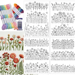 4 Sheets Preprinted Flower Embroidery Pattern Paper,Self-Adhesive Water Soluble Stabilizer Kit with Floral, Botanical & Alphabet Designs, Complete with Embroidery Floss & Needles for DIY Handmade Craft Supplies