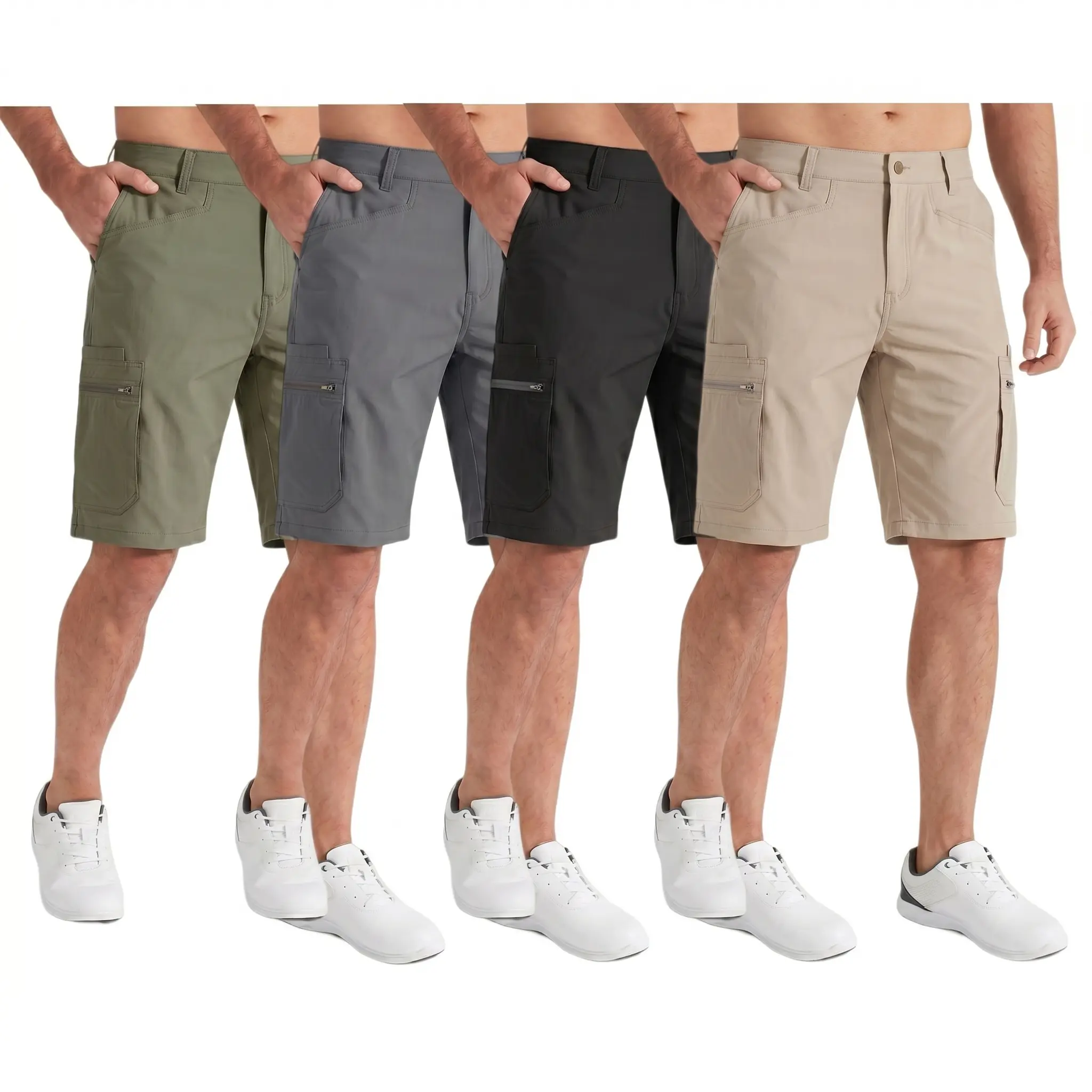 Men’s summer outdoor sports cargo shorts featuring side zip pockets, single-row button placket, straight loose fit—ideal for daily commuting, street casual wear, and hiking activities.