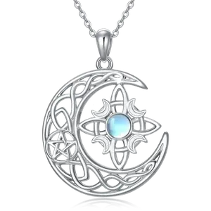 Witch's Knot Pendant Necklace with Moonstone, 925 Sterling Silver Cross Celtic Knot Necklace Jewelry Gifts For Woman Girls, Energy Jewelry for Her