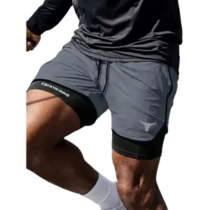 Men’s 2-Pack Sports Casual Running Fitness Shorts, Double Layer Anti-Exposure Design, Slightly Stretchable, Breathable, Quick Dry, Exquisite Bull Head Print Pattern, Suitable for Basketball, Gym, Beach