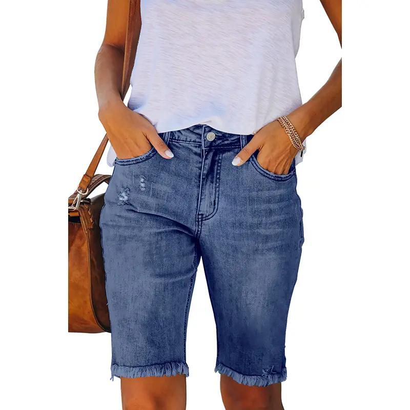 Necooer Women Jean Shorts Ripped Casual Summer Mid Waist Stretchy Five Points Denim Jean Shorts