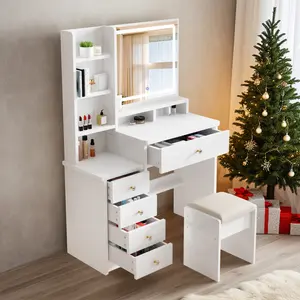 Lighted Vanity Table with Mirror  with 3 adjustable lighting colors, featuring 3 storage shelves and 5 large drawers, perfect for girls' bedrooms and bathrooms