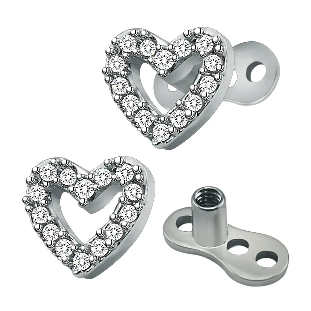 14g Heart Cubic Zirconia Dermal Anchor Tops & Surgical Steel Base Microdermals