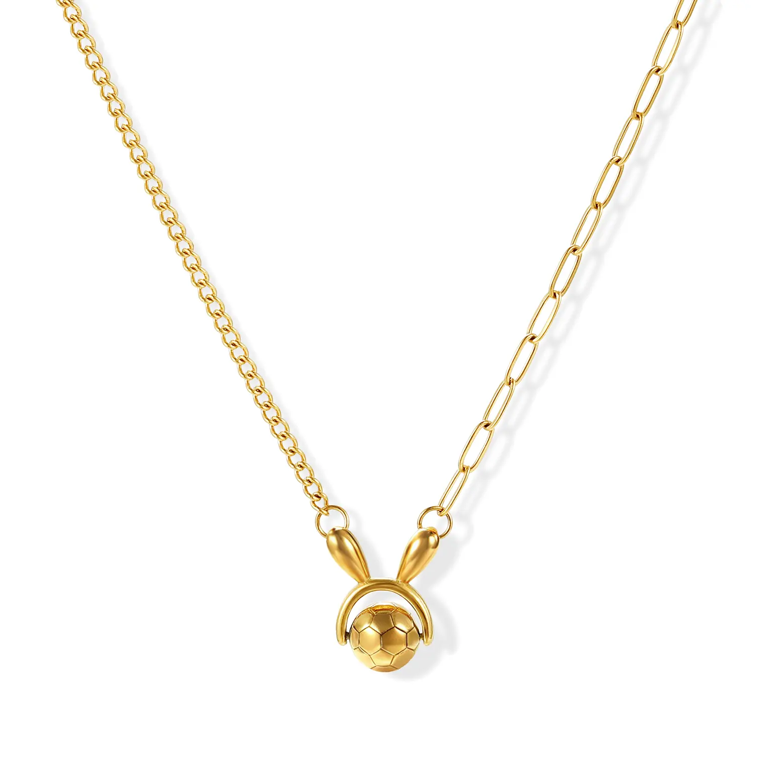 Football Charm Gold Necklace - Waterproof, Anti-Tarnish, Rotatable Mixed Link - Trendy Sport Fan Daily Wear Gift