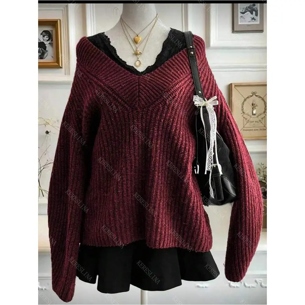 2000s Streetwear Autumn/Winter Women's Pullover Sweater Vintage Fashion Spicy Girls Cute Harajuku Y2K Versatile Slim Sweater EMO