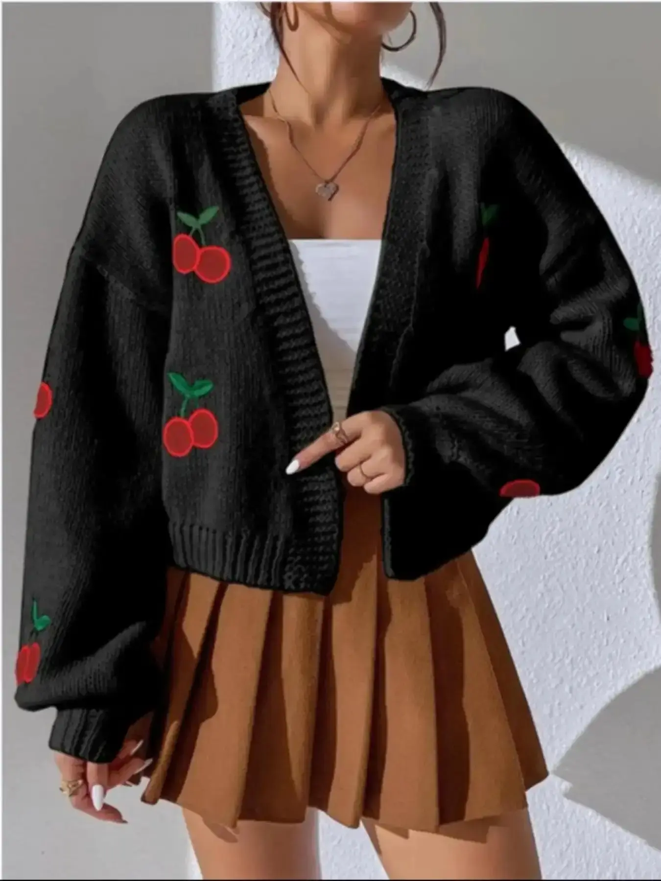 [Plus Size] Cherry Embroidery Drop Shoulder Open Front Womenswear Cardigan Knitting, Lady, Casual Long Sleeve V Neck Knitwear for Spring & Fall, Women's Plus Clothing Daily Wear, Soft, Autumn Sweater Cardigans dressed up