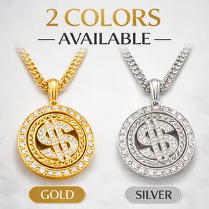Rotating Dollar Sign Pendant Chain, Iced Out CZ Bling Chain, Spinner Fidget Chain for Stress Relief, Gold/Silver Hip Hop Jewelry