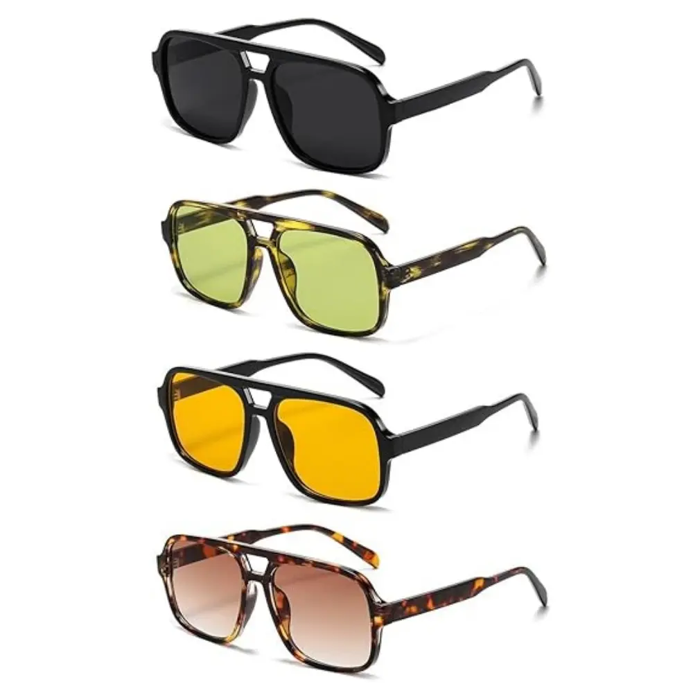 4-Pack Retro 70s Square Oversized Sunglasses, Women's Mens Vintage Trendy Shades for Motorcycle Protective Gear Use, Womens Sunglasses