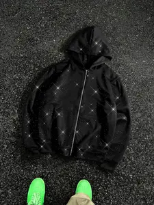Constellation Rhinestone Full-Zip Hooded Sweatshirt — American Streetwear Style, Loose Fit, Glow-in-the-Dark Fine Sparkle Casual Cardigan Jacket