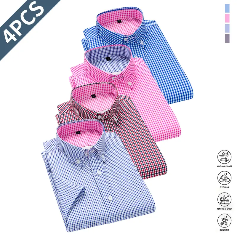 Men's 4-Pack Basic Solid Ice Silk Button-Up Dress Shirts - Lightweight, Breathable, Featherlight Fabric, Fitted Cut, Suitable for Business Office, Sizes M-L, Lightweight Breathable Soft Men's Dress Shirts