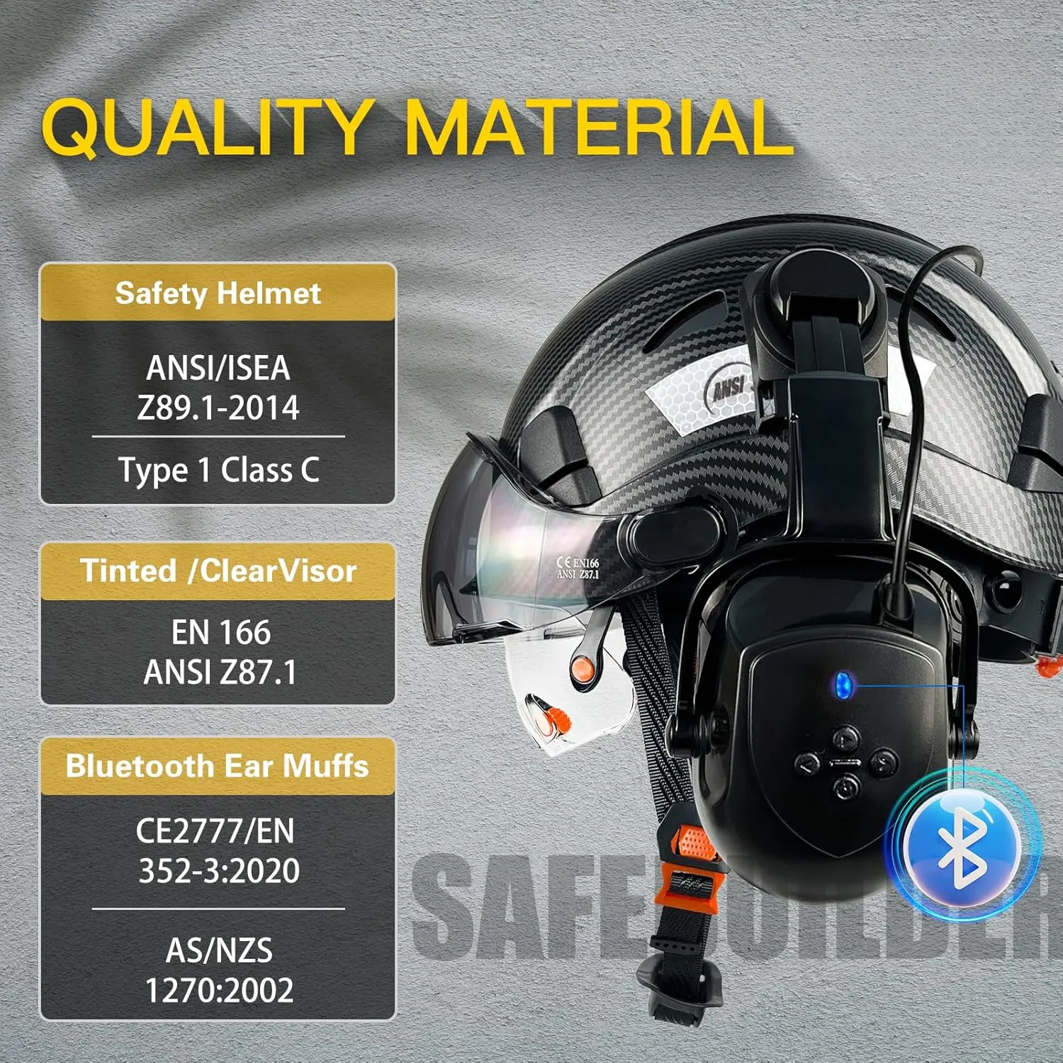 Vented Hard Hat with Visor and Bluetooth Ear Muffs, SNR 26dB Hearing Protection, Adjustable Suspension, Construction Safety Head Gear Vented Hard Hat with Visor and Bluetooth Ear Muffs, SNR 26dB Hearing Protection, Adjustable Suspension, Construction Safety Head Gear