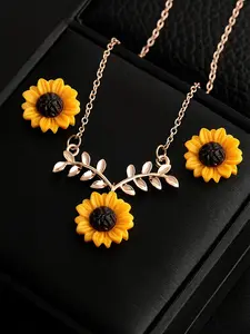 Sunflower Necklace Earrings Set, Personalized Women Wedding Vacation Jewelry, Fashion Accessories for Spring Summer Girls and Ladies