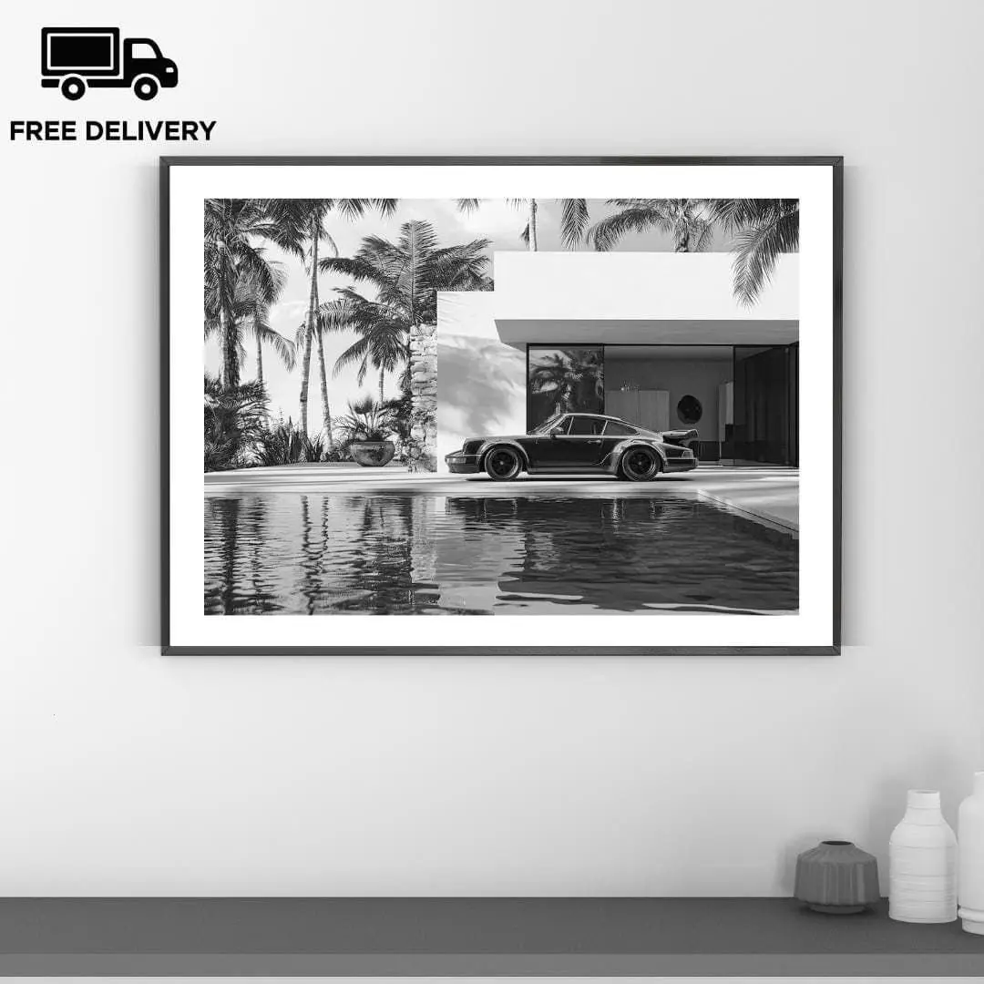 Vintage Porsche 911 Pool Palms, Fine Art Photography Wall Art, Museum Quality Print, Classic Black and White Poster