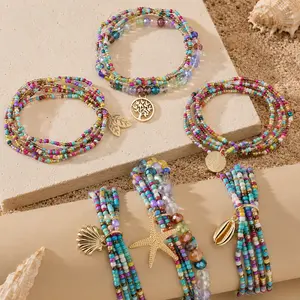 27Pcs (6-Set) Bohemian Beaded Bracelets Set Vibrant Colorful Mixed Beads, Tree Leaf, Marine Life Pendant Colorful Layered Stackable Bracelet Daily Vacations, Party Wear, Jewelry, Holiday Gift Travel Beach Bracelet