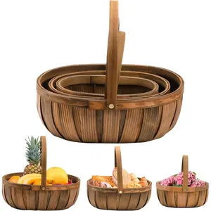 3 Pack Wooden Bread Baskets Wood Chip Picnic Basket with Handles Woven Fruits Vegetable Storage Serving Basket Holder Gift Packing Woven Basket Flower Girl Baskets for Wedding