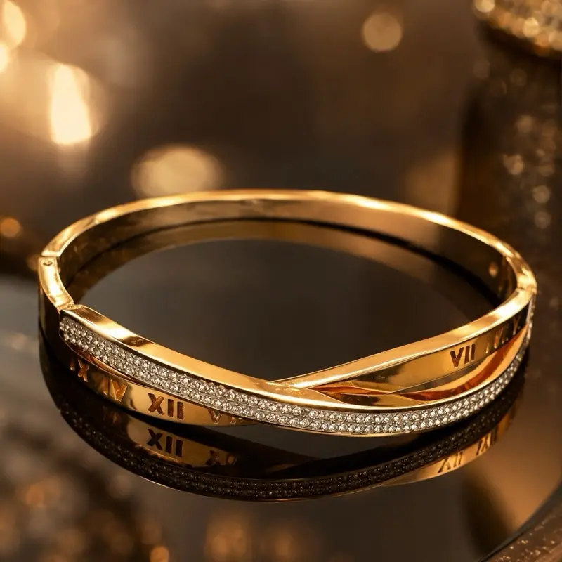 Elegant Gold Bangle with Roman Numerals and Rhinestones for Women's Fashion Accessory