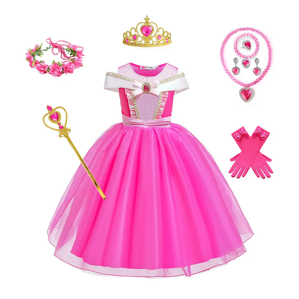 Girls' Pink Polyester Princess Ball Gown - Elegant Formal Dress with Crown Accessory Set for Halloween, Birthday Party, 4-5Y, Multi-Size, Princess Look, 3 - 4 Years