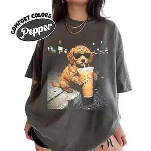 Vintage Poodle Coffee Lover Comfort Color Shirt, Cute Puppy Drinking Iced Coffee Graphic Tee, Funny Sunglasses Dog Tee, Aesthetic Pet Lover Gift, Dog Mom Shirt, Gift for Men, Gift for Women, Crew Neck T-shirt, Trending T-shirt