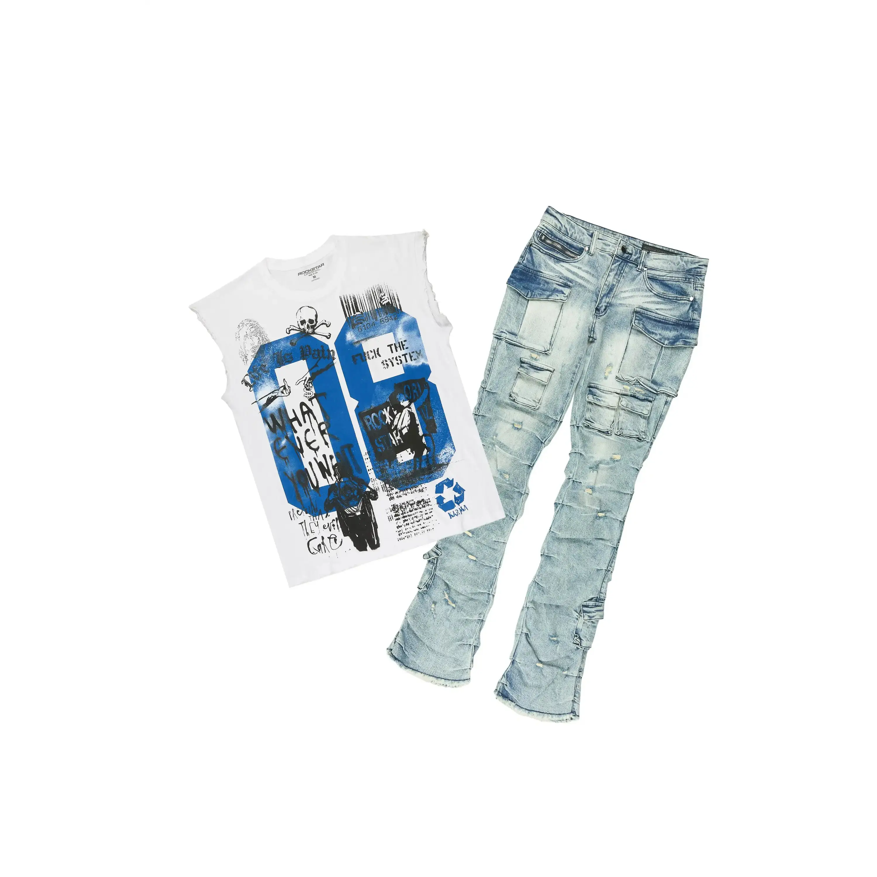 Grill 2.0 White/Light Blue Oversized Graphic T-Shirt & Gentry Stacked Flare Jean Set