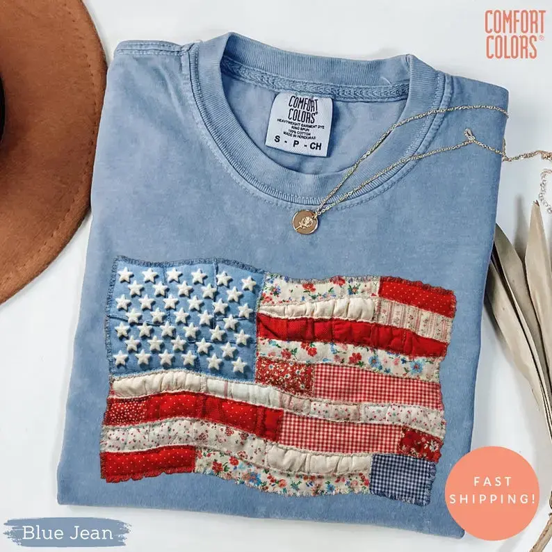 Comfort Colors Faux Patchwork American Flag T-Shirt, Vintage Faux Quilted USA Graphic Tee, 250th Years Patriotic Fourth Of July Shirt, Printed Shirt