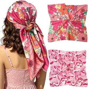 AWAYTR 2Pack 35” Silk-Like Scarf for Women Large Square Scarf Multi-functional Head Scarf Hair Bandana Printed Sleeping Head Wrap
