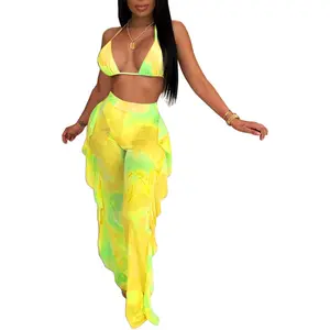 Ophestin Womens Sexy Halter Sheer Bikini Ruffle Long Pants Set 2 Piece Swimsuit Ophestin