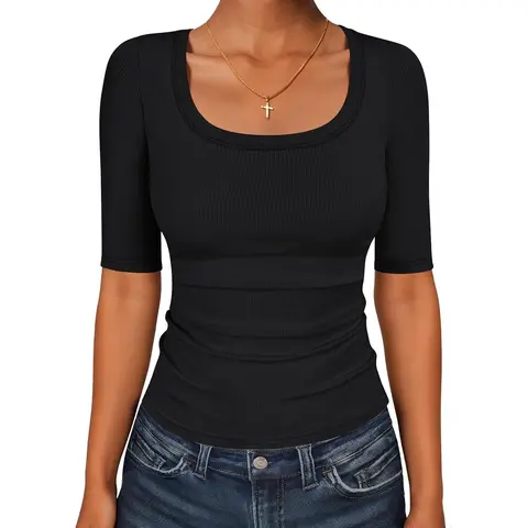 ANRABESS Womens Half Sleeve Tops Scoop Neck Ribbed Knit Slim Fitted Basic Tee Shirts Summer 2026 Spring Casual Outfit