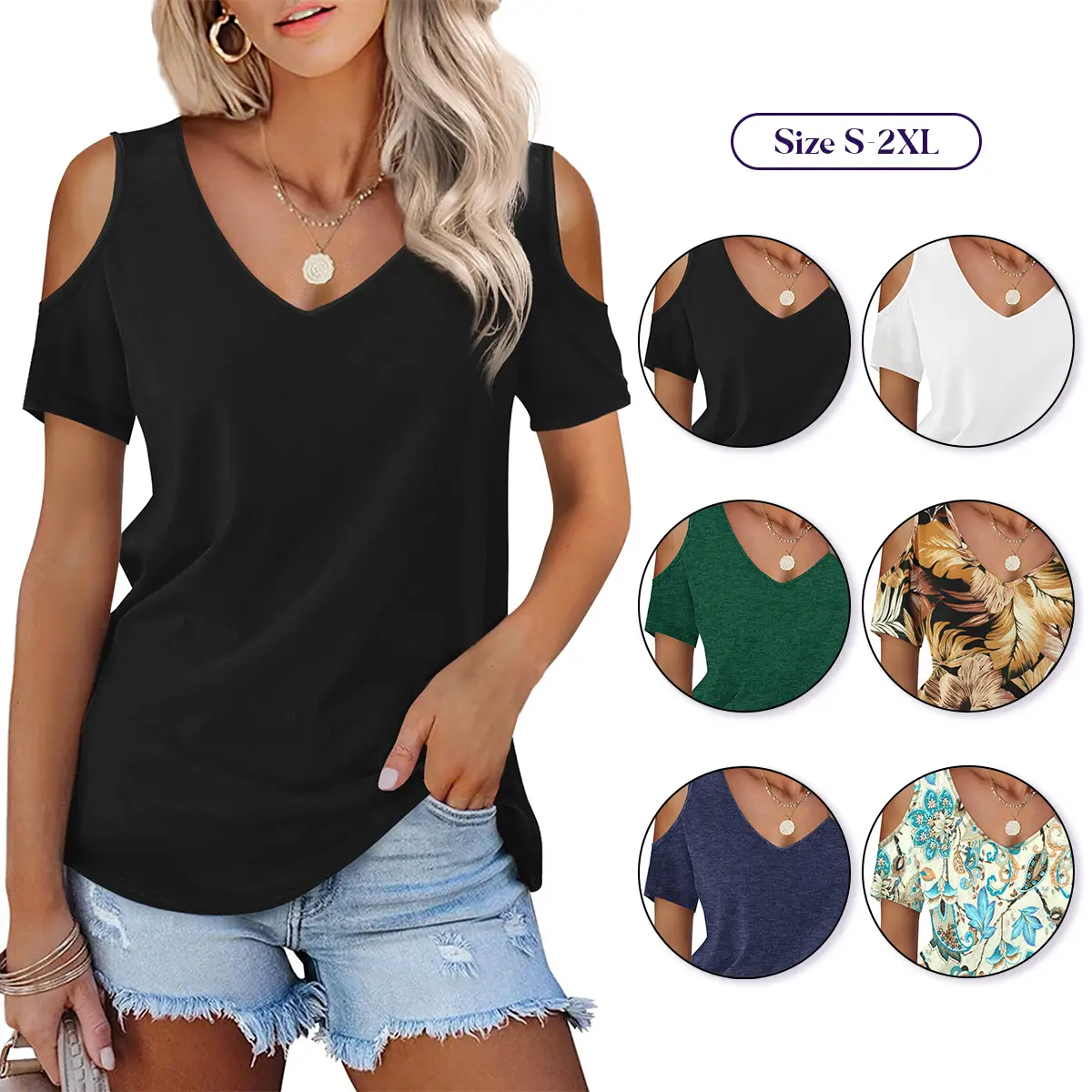 Chicovar Womens Short Sleeve Cold Shoulder Tshirts Basic Tee Tops Shirts Fashion Summer Comfortable Off Shoulder Tops Soft Lady Tshirt