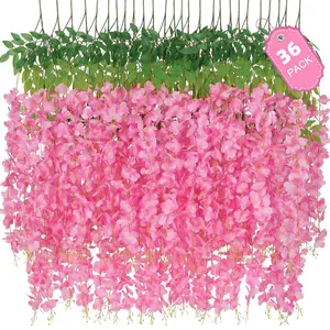 36 PCS Wisteria Hanging Flowers, 3.6ft Fake Wisteria Vines Artificial Wisteria Garland Silk Flower String for Wedding Arch Garden Party Home Ceiling Wall Backdrop Tent Decoration (Pink)