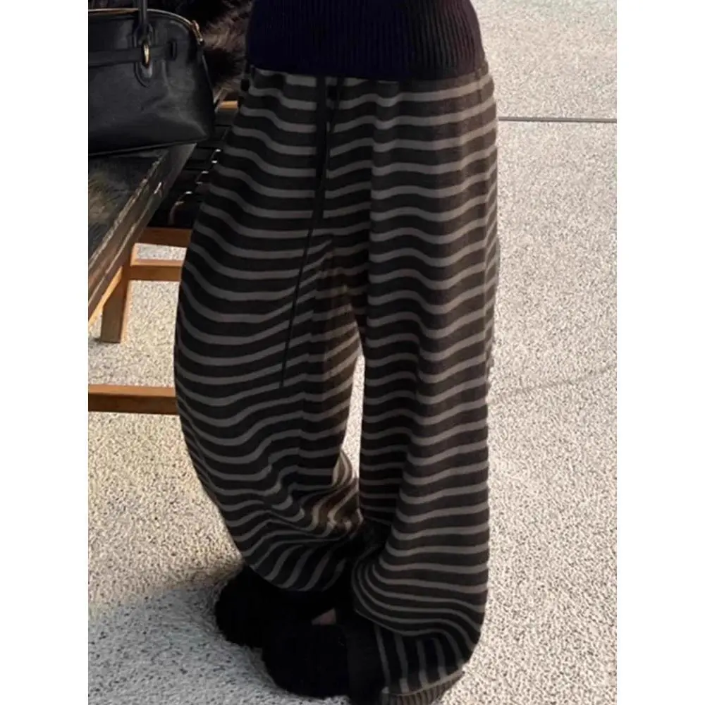 Harajuku Contrast Color Striped Women Wide Leg Pant Vintage Grunge Loose Knitted Pant Y2K American Casual Lady Straight Trousers
