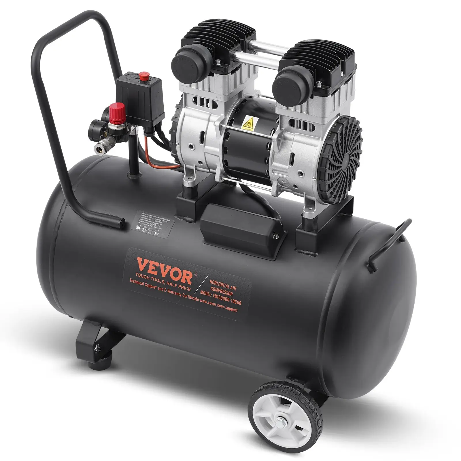 VEVOR Air Compressor Compact Portable Oil Free, Max. 15 Gallon Steel Tank, 2HP 5.3 CFM@90 PSI Oil Free Air Compressor & Max. 125PSI Pressure, 78dB Ult
