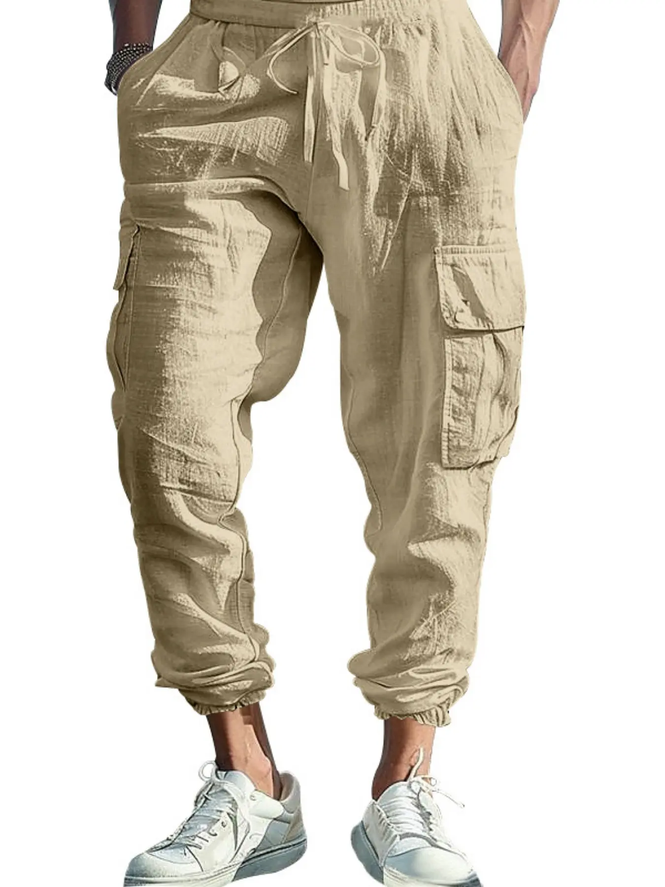 Men's Casual Work Pants, Casual Cargo Pants Drawstring Multi-Pocket Wide Leg, Thin Cotton Linen, Summer Fashion, Casual Comfy Loose, Comfortable and Stylish