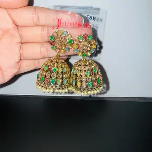 Jhumki Earrings - Colorful Gemstone Design with Gold Tone Finish for Festive Wear