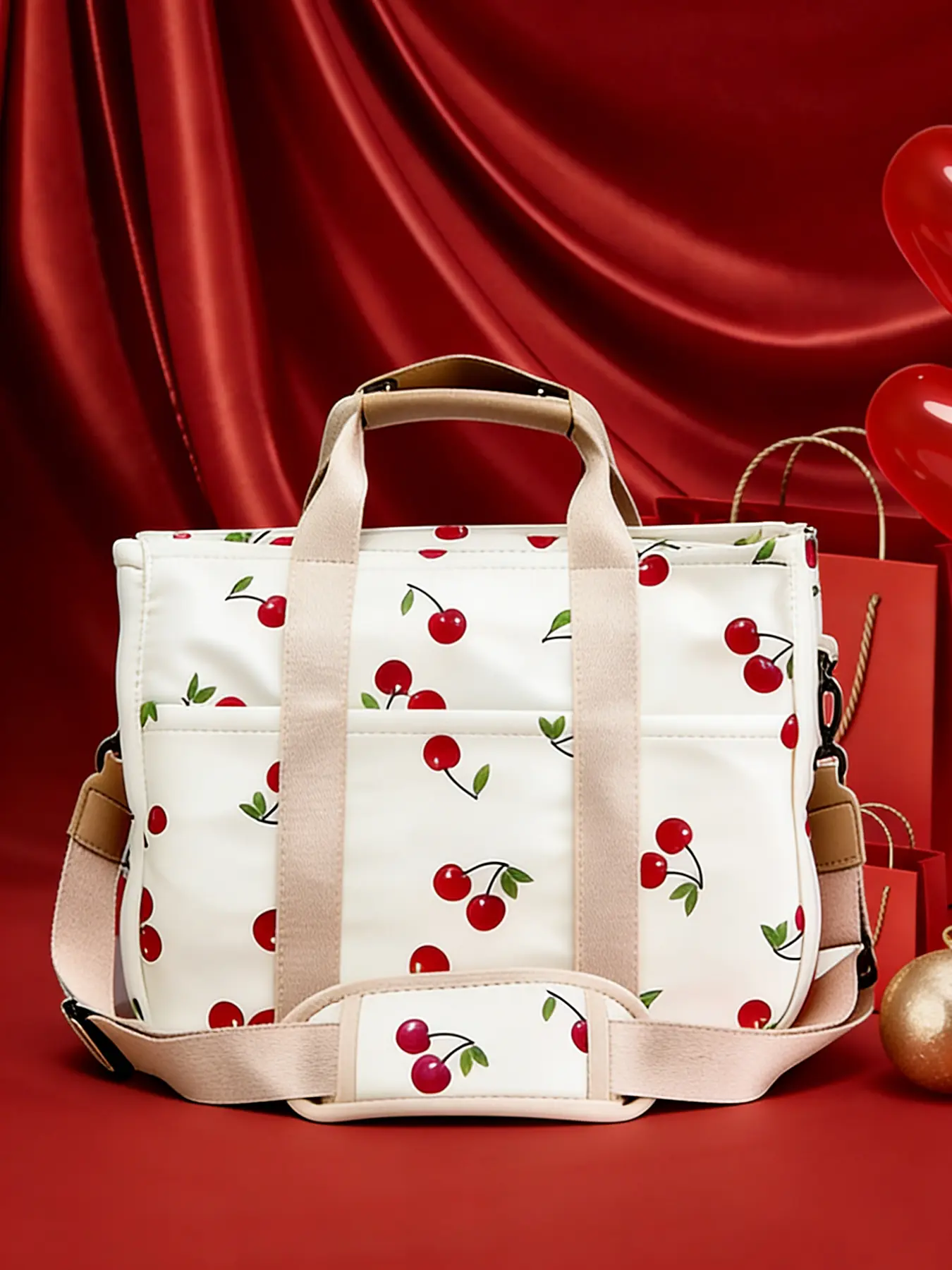 Trendy and versatile, niche, simple and exquisite women's bag, Valentine's Day personalized cherry pattern women's bag, casual and fashionable, suitable for daily occasions such as commuting, shopping, dating, parties, etc Elegant Commuter Bag