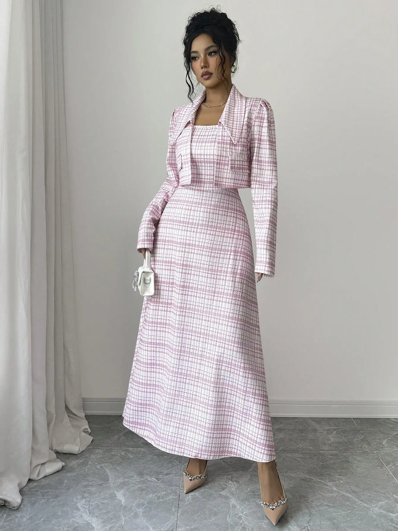 Women's Plaid 2 Piece Outfit Set, Puff Sleeve Cropped Lapel Jacket & High Waist Midi Slip Dress, Elegant Spring Fall Casual Wear