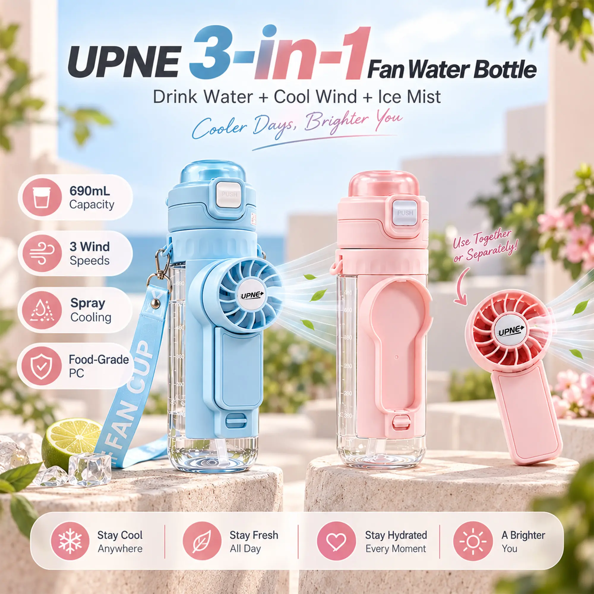 UPNE 3-in-1 Water Bottle with Detachable 3-Speed Fan & Cooling Mist, 23oz/690ml Portable Sports Water Bottle with Straw, USB-C Rechargeable, Lanyard for Gym, Travel, Camping & Summer Outdoor Use