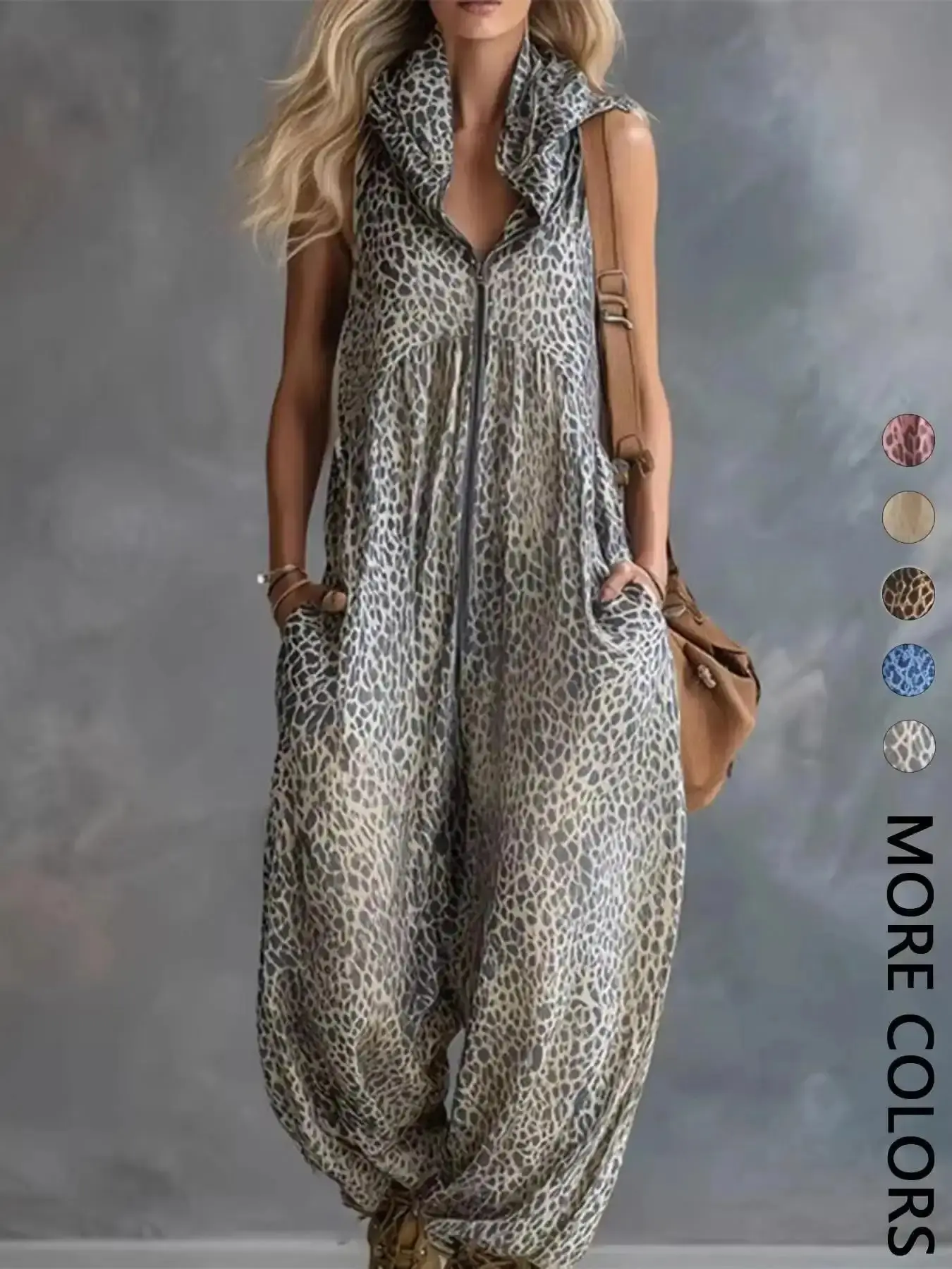 Trendy 1 Piece Women's Summer Leopard Hooded Zip Up Jumpsuit, Loose Harem Streetwear Outfit, one-piece wonder, effortless chic, streamlined style, versatile piece, trending now