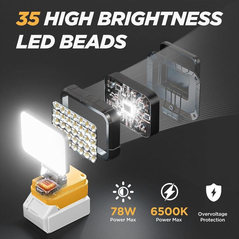 9000 Lumen 35 LED Work Light Compatible with Dewalt 20V Max Battery 78W Cordless Jobsite Flood Light Dual USB-A Charging Ports Bright Portable Outdoor Flashlight Battery Not Included