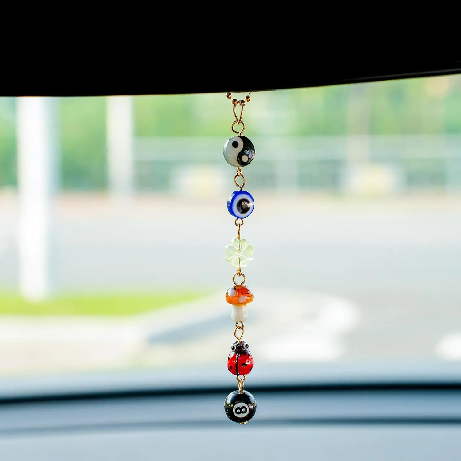 Evil Eye Car Pendant, Lucky Charm Mushroom 8 Ball Ladybug Rearview Mirror Decor, Cute Automotive Accessories for Style, Car Hanging Decoration, Car Interior Accessory