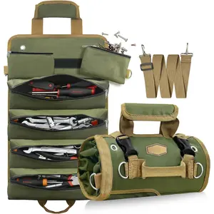 Heavy Duty Canvas Tool Roll Organizer - Multi-Purpose Wrench Pouch with 6 Zippered Pockets - Compact  Trunk Storage for Mechanics, Electricians & Off-Road  Kits (Green)