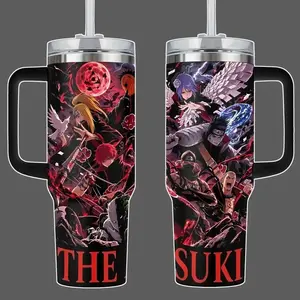 Akatsuki  Anime Tumbler With Handle, Red Cloud Organization Wrap Design NRT Stainless Steel Insulated Travel Mug 20oz 40oz