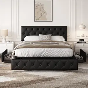 【3 Drawers Storage】Yaheetech Bed Frame with Adjustable Headboard, Upholstered Bed Frame with Diamond Button-Tufted Headboard, Sturdy Wood Slat Support, No Box Spring Needed