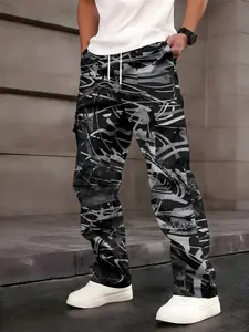 One-piece men's cargo pants with black base and gray-white graffiti patchwork, American retro style with multi-pocket design, Casual Fitted Pants