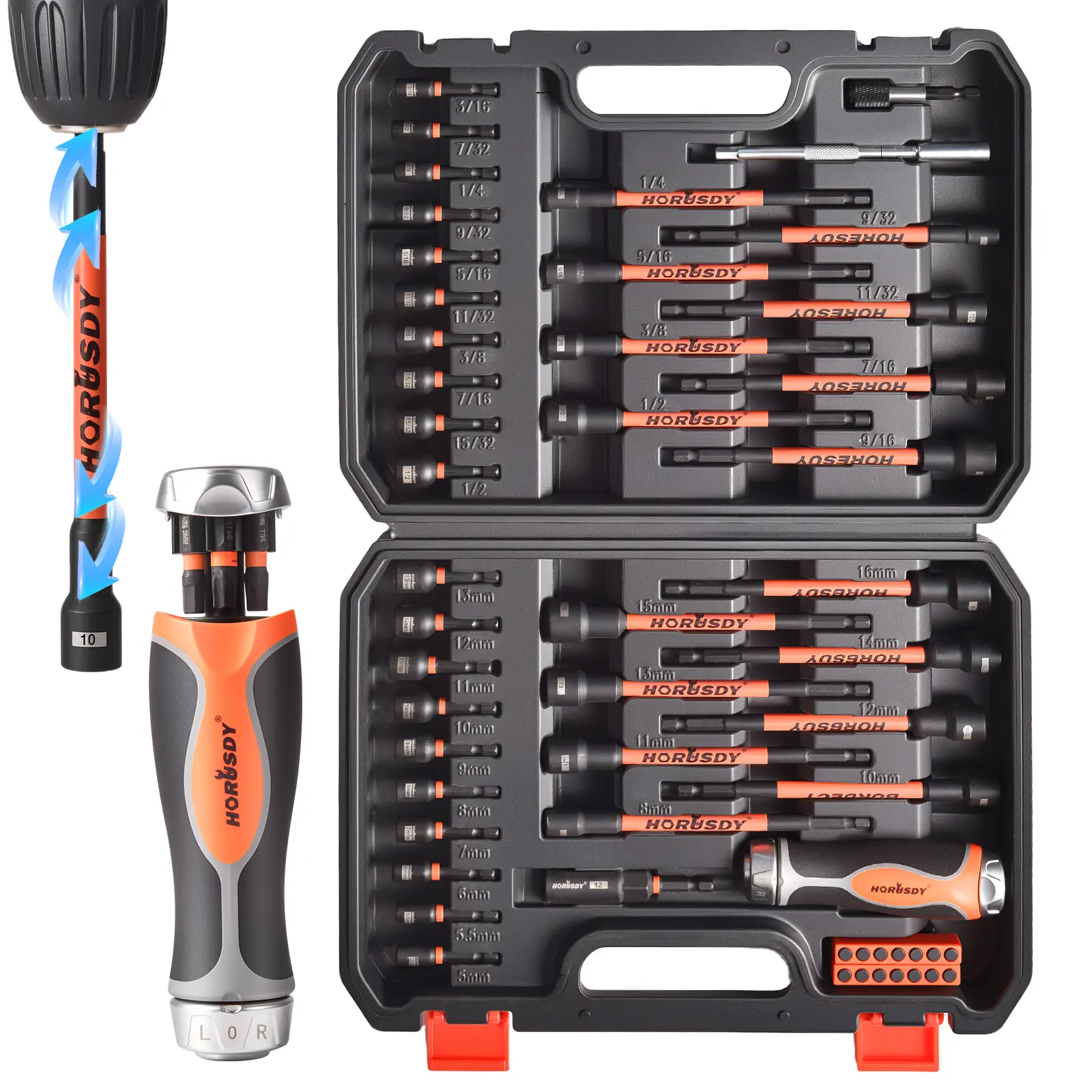 HORUSDY 59pcs Industrial Heavy Duty High Quality Hardware Multifunctional Screwdriver Set with Tool Box, 6-in-1 Ratcheting Handle, 1/4in Hex Shank SAE & Metric Sockets, Quick-Release Bit Holder, Extension Bar for Impact Drill, CR-V Steel Construction