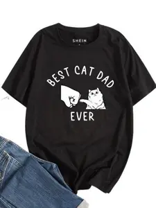 Best Cat Dad Ever Cat Fist Print Short Sleeve T-Shirt, Summer Cat Lovers Casual Top, Geometric Pattern, Loose-Fit, All Seasons