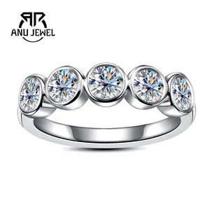 AnuJewel 1.5CT Moissanite Eternity Band Ring D Color 925 Sterling Silver Golden Plated Five-Stone Bubble Ring Wedding Promise Anniversary Band Ring for Women with Certificate