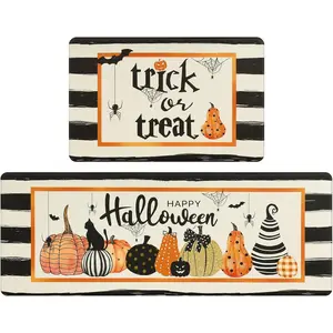 Pauwer Halloween Kitchen Mat Set of 2, Trick or Treat Anti Fatigue Kitchen Rugs Fall Decor, Non Slip Pumpkin Kitchen Runner Rug Set, Cushioned Waterproof Kitchen Foam Mat for Floor