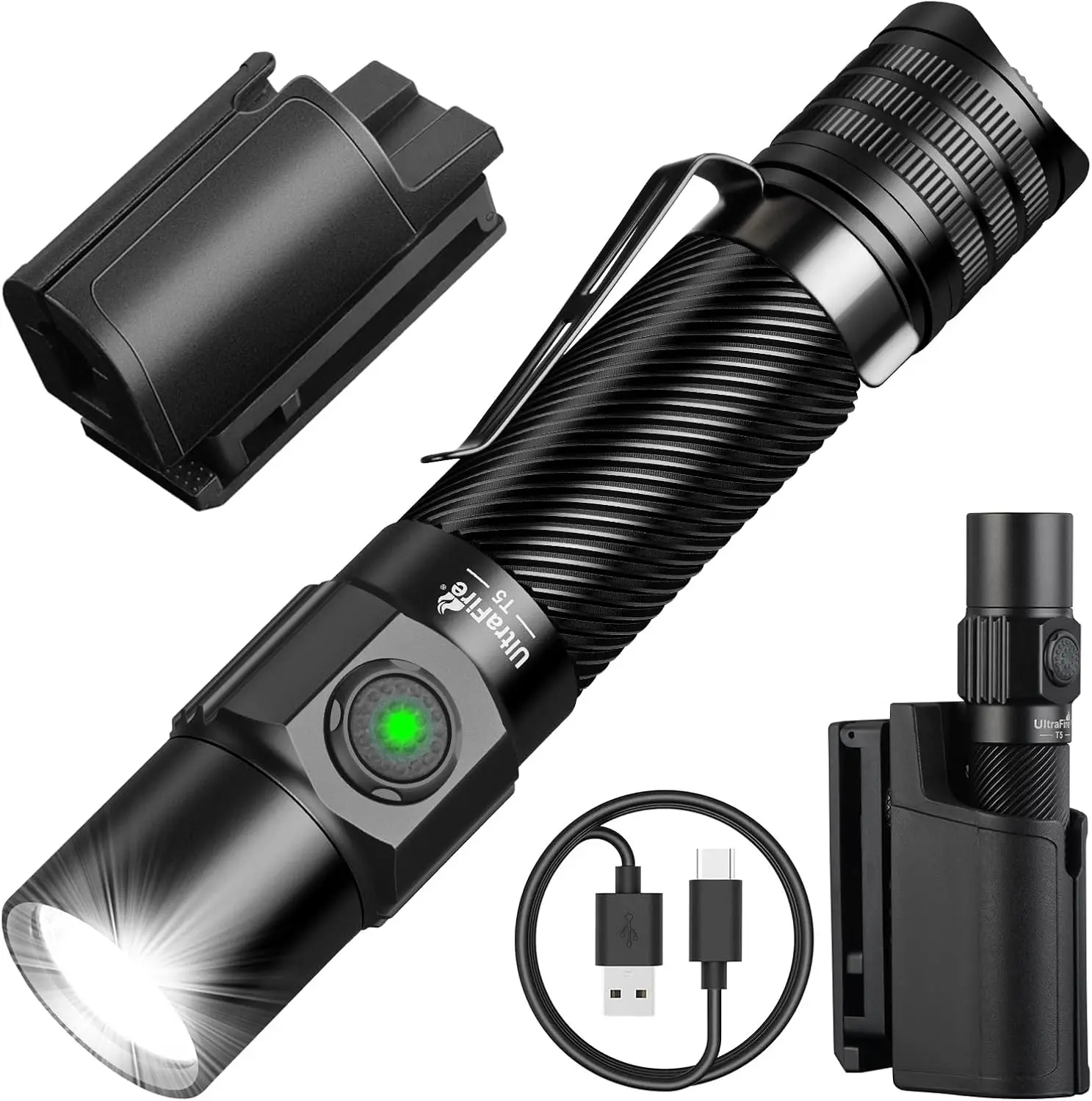 UltraFire T5 Tactical High Lumen LED Flashlight - 1800 Lumens, 6 Modes, IP68 Waterproof, 276m Beam, Rechargeable Type-C, Rotatable Holster - Camping Hiking Essential (Sports & Outdoor Lights), High Lumen Flashlight, Led Flashlights