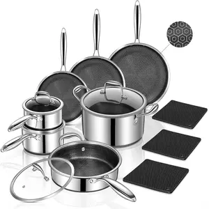 14-Piece Hybrid Stainless Steel Cookware Set, Non-Stick Pots and Pans Set with 3 Silicone Trivets| Induction Compatible Frying Pans, Saucepans, Saute Pan & Stock Pot| Oven Dishwasher Safe